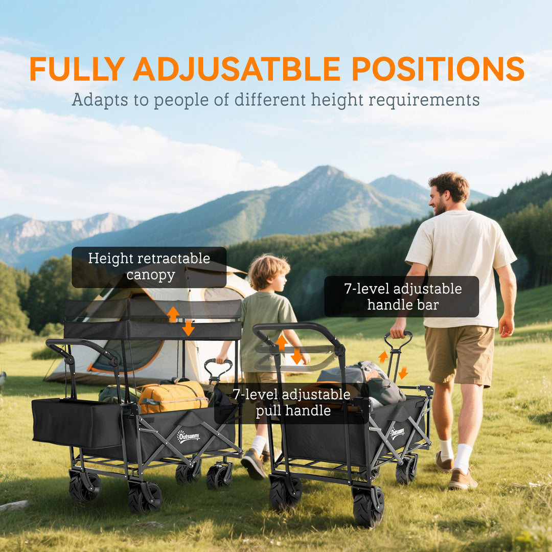 Folding Trolley Cart Storage Wagon Beach Trailer 4 Wheels with Handle Overhead Canopy Cart Push Pull for Camping, Black