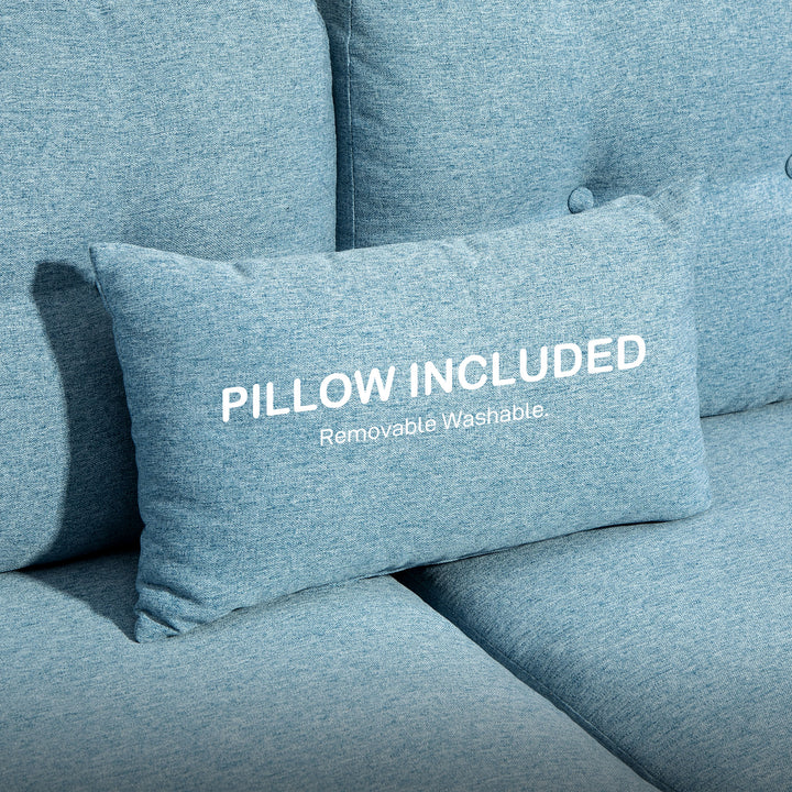 2 Seater Sofa with Spring Cushion, Fabric Sofa with Wooden Legs, Modern Love Seat for Living Room, 140cm Width Tufted Couch for Bedroom, Light Blue