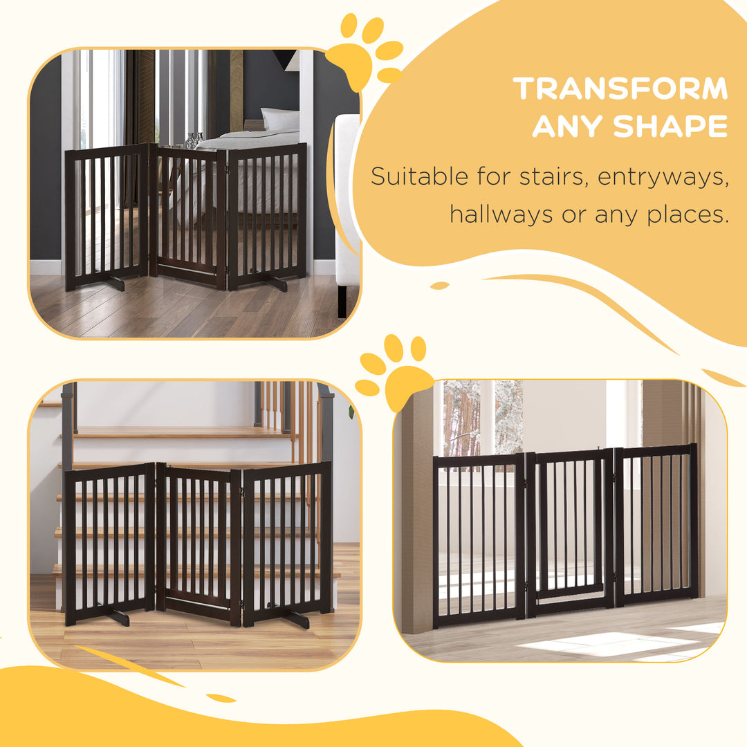 PawHut Pet Gate Freestanding Dog Gate For Stairs Wood Doorway Safety Pet Barrier Fence Foldable w/ Latch Feet Deep Brown, 155 x 76 cm | Aosom UK