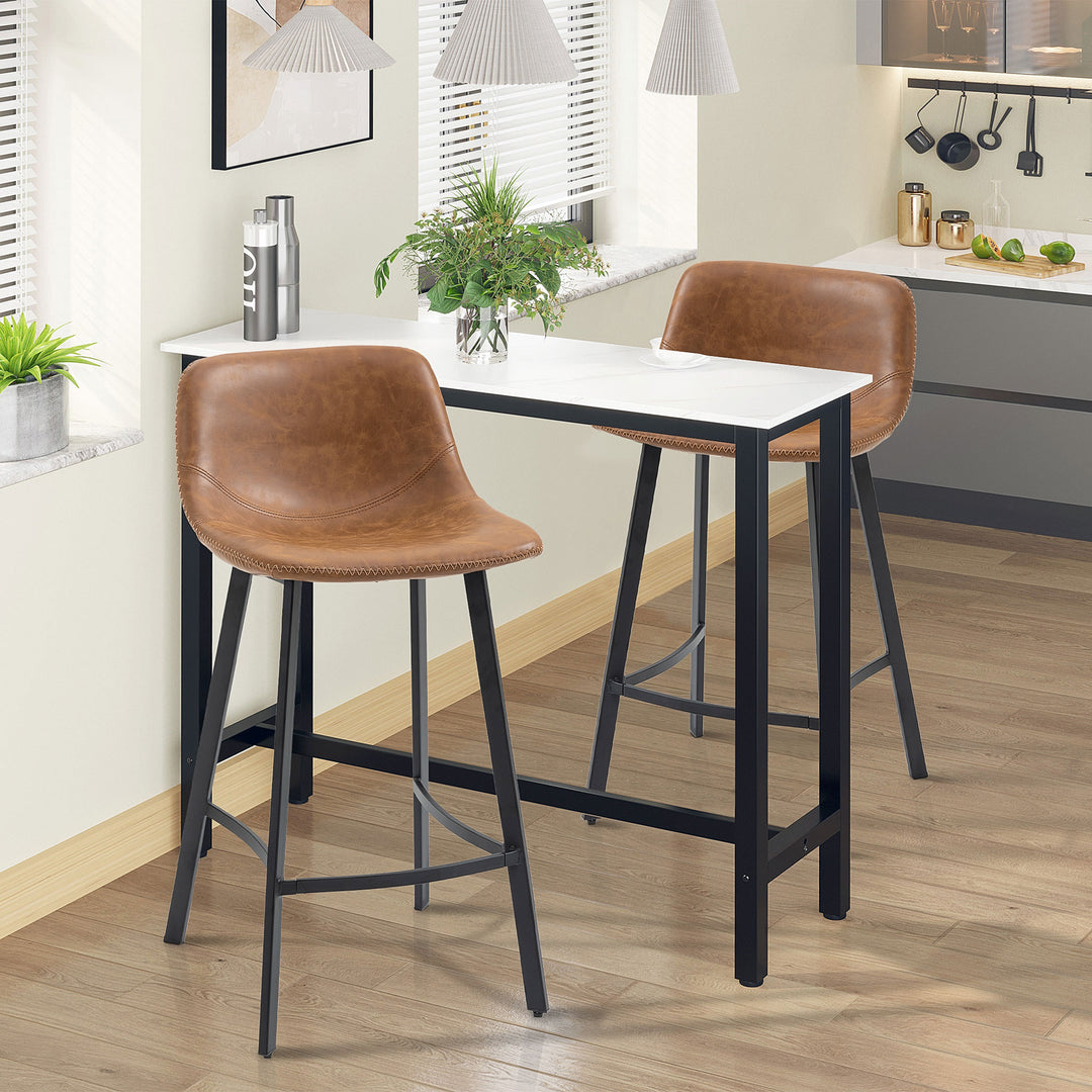 Bar Stools Set of 2, PU Leather Kitchen Stools, Upholstered Breakfast Bar Chairs with Backrest, Steel Legs for Home, Dining Room, Brown