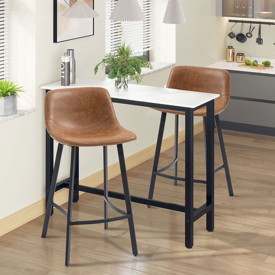 Bar Stools Set of 2, PU Leather Kitchen Stools, Upholstered Breakfast Bar Chairs with Backrest, Steel Legs for Home, Dining Room, Brown