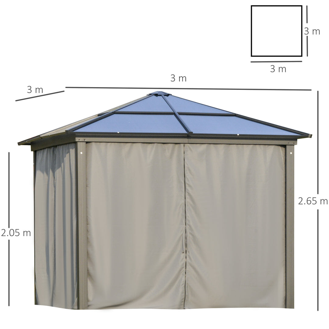 3 x 3(m) Hardtop Gazebo Canopy with Polycarbonate Roof, Aluminium Frame, Permanent Pavilion Garden Gazebo with Netting and Curtains for Patio, Deck, Dark Grey