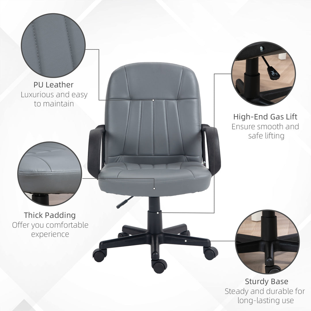 Office Chair, PU Leather Computer Desk Chair with Adjustable Height, Swivel Wheels for Home Office Work Study, Grey