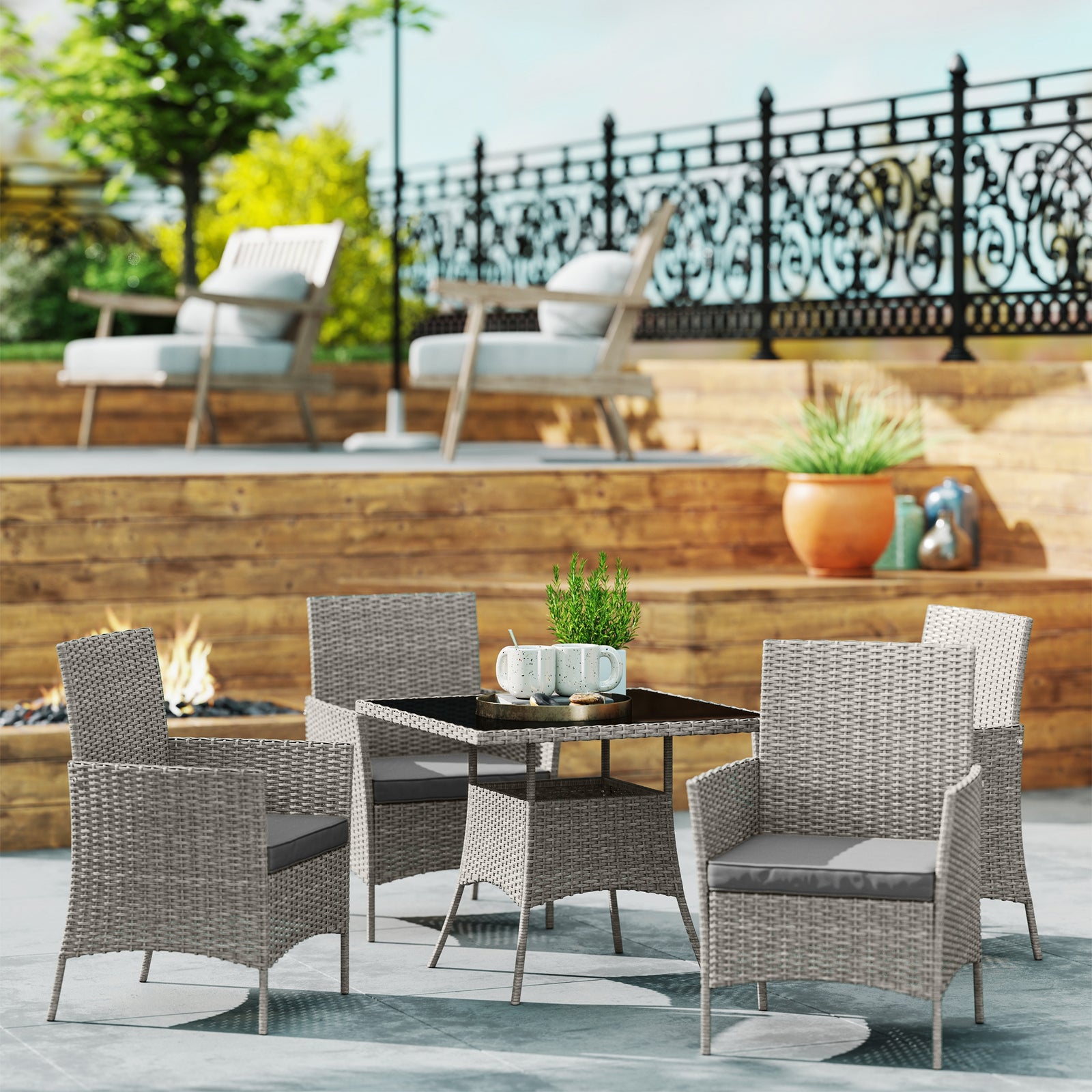 Five-Pieces Rattan Dining Set - Light Grey