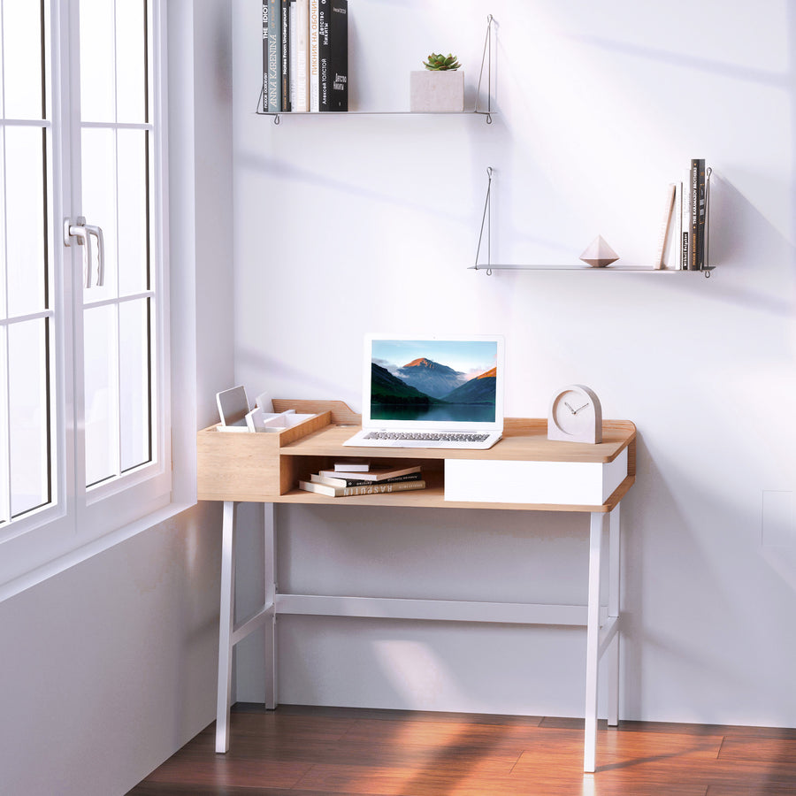 Computer Desk, Writing Desk, Study Workstation with Drawer, Storage Compartments, Cable Management, Laptop Table, Metal Frame, 100 x 55 x 81.5cm, Oak and White