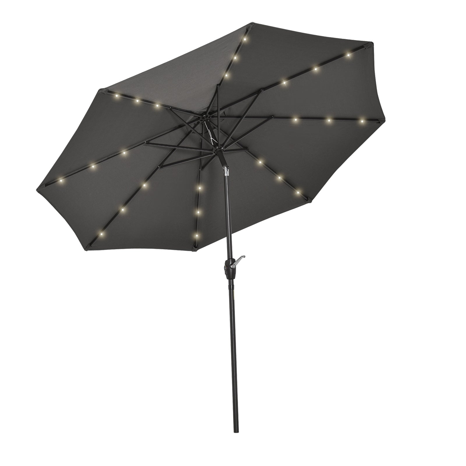 Φ2.7m Garden 24 LED Light Parasol Solar Outdoor Tilt Sun Umbrella Patio Club Party Event Manual Sun Shade w/ Hand Crank and 8 Ribs, Grey