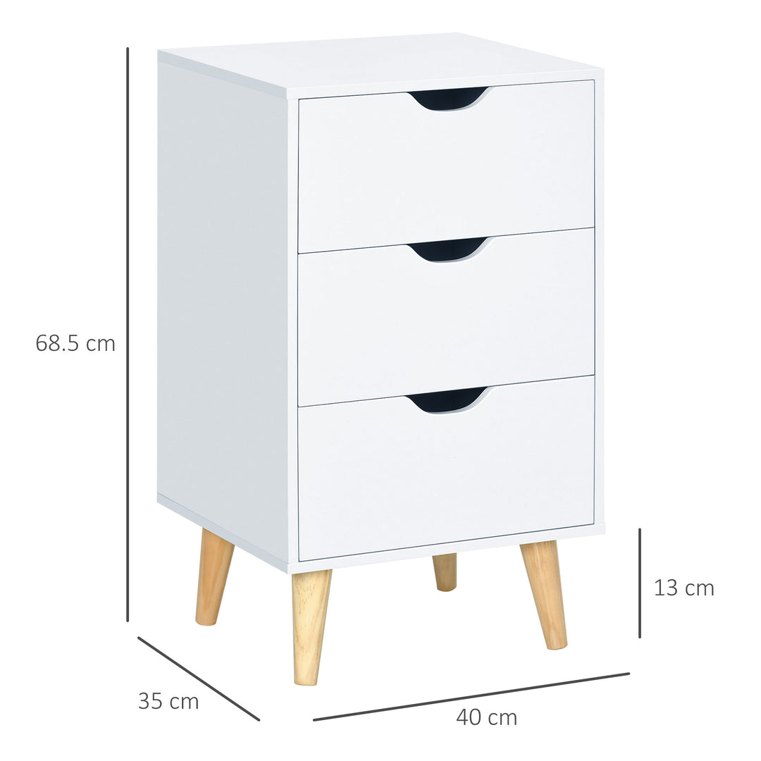 Bedside Table, Bedside Cabinet with 3 Drawers, Small Side Table with Wood Legs and Cut-out Handles for Bedroom, Cream White