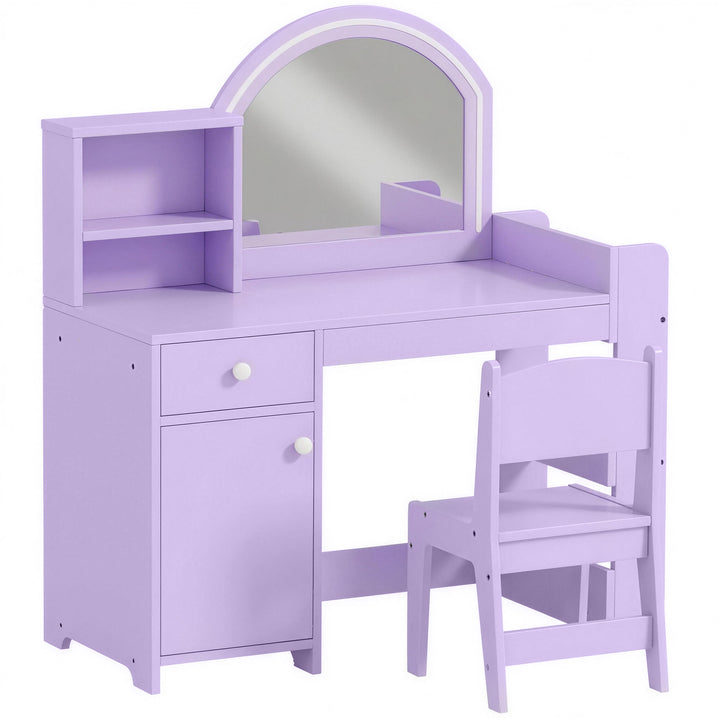 AIYAPLAY Kids Vanity Table and Chair Set, Girls Dressing Table with 2-Colour LED Mirror, Stool, Cabinet, Drawer, Shelves - Purple