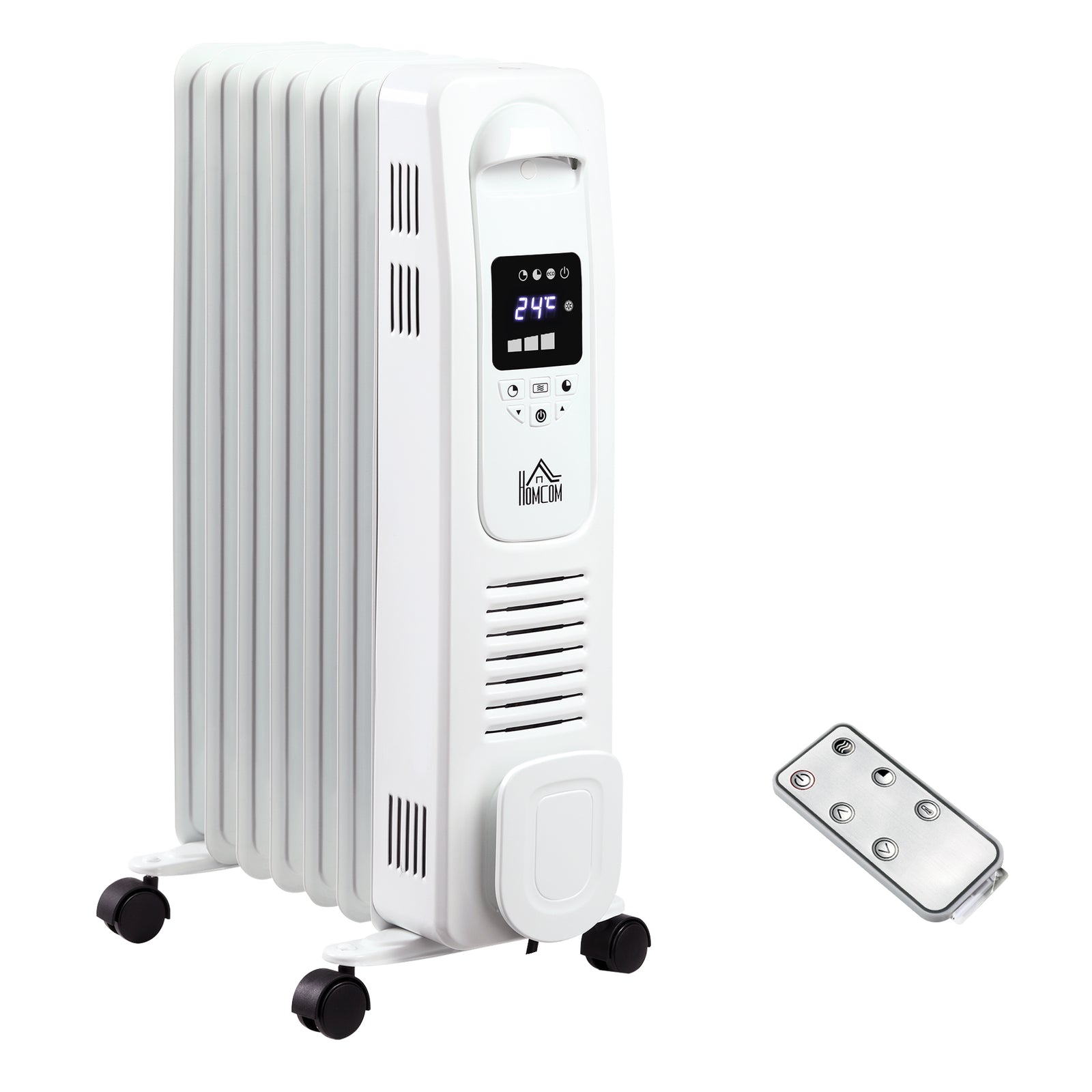 1500W Digital Oil Filled Radiator, 7 Fin, Portable Electric Heater with LED Display, Built-in Timer, 3 Heat Settings, Safety Cut-Off and Remote Control, White