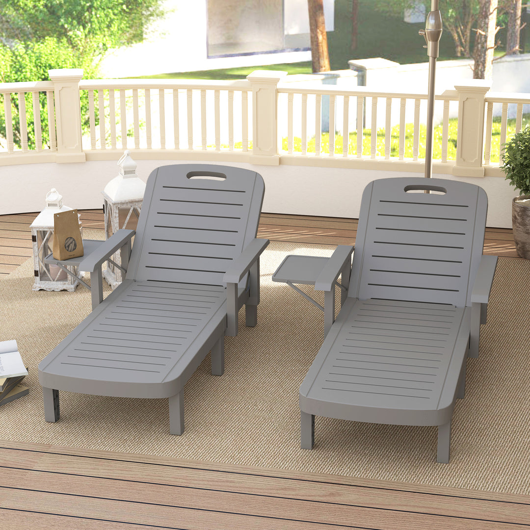 Set of 2 Resin Reclining Sun Loungers for Garden, 5 Positions Adjustable Outdoor Chaise Lounge Chairs with Wood Texture Surface, Armrests, Foldable Side Table for Garden, Beach, Dark Grey