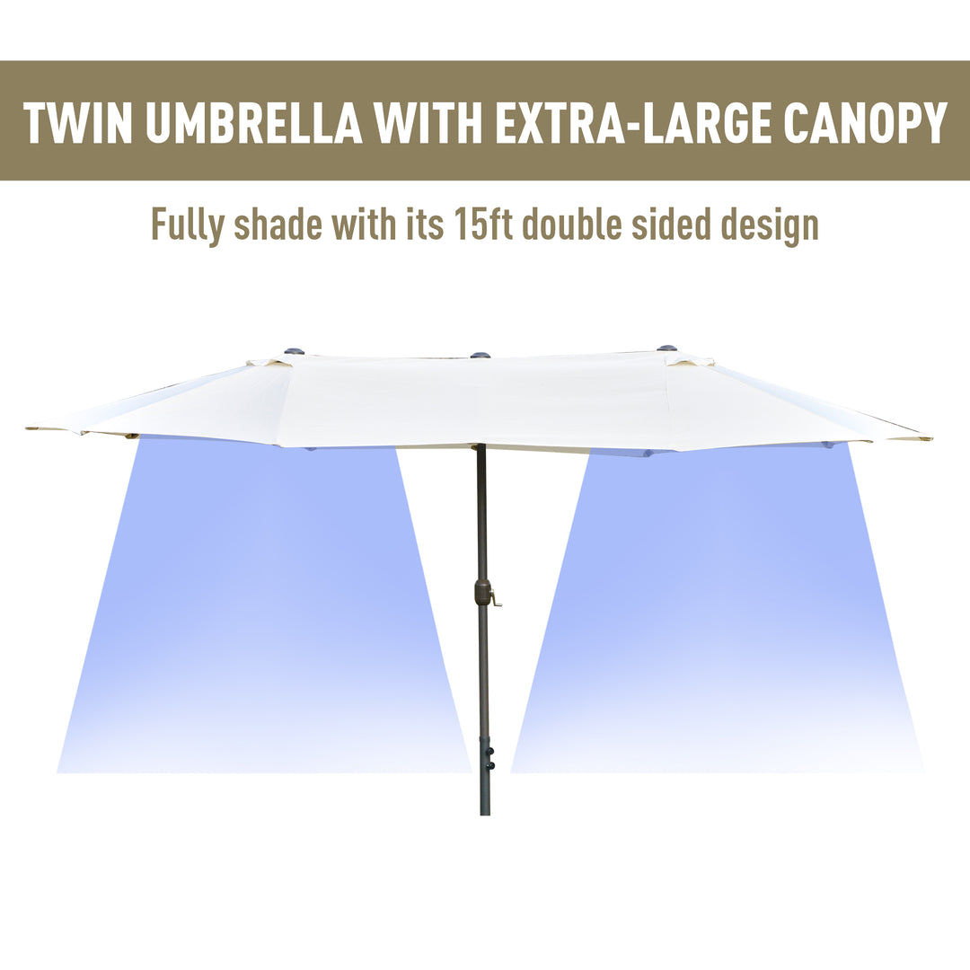 4.6M Sun Umbrella Canopy Double-sided Crank Sun Shade w/ Cross Base Off White