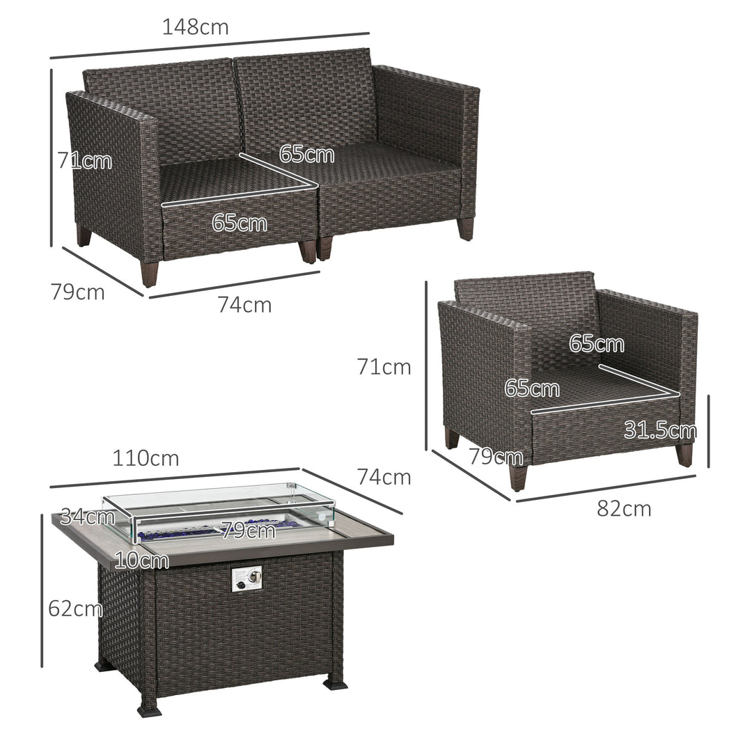 5-Piece Rattan Patio Furniture Set with Gas Fire Pit Table, Loveseat Sofa, Armchairs, Cushions, Pillows, Dark Brown