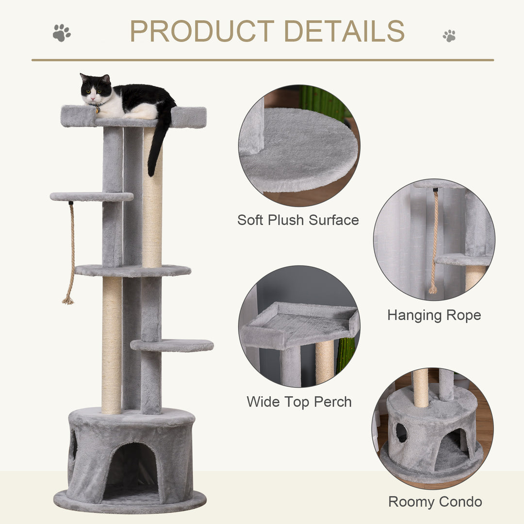 PawHut Cat Tree Multi-Level, Kitten Tower Activity Centre with Scratching Post, Condo, Hanging Ropes & Plush Perches, Grey