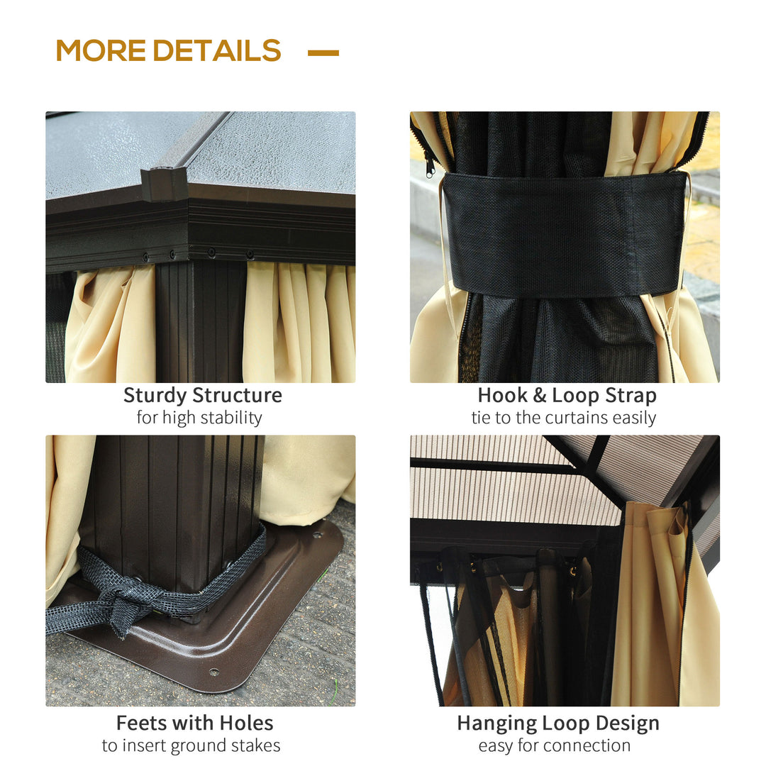 MCL 3.6 x 4m Hardtop Gazebo Canopy with Polycarbonate Roof and Aluminium Frame, Garden Pavilion with Mosquito Netting and Curtains