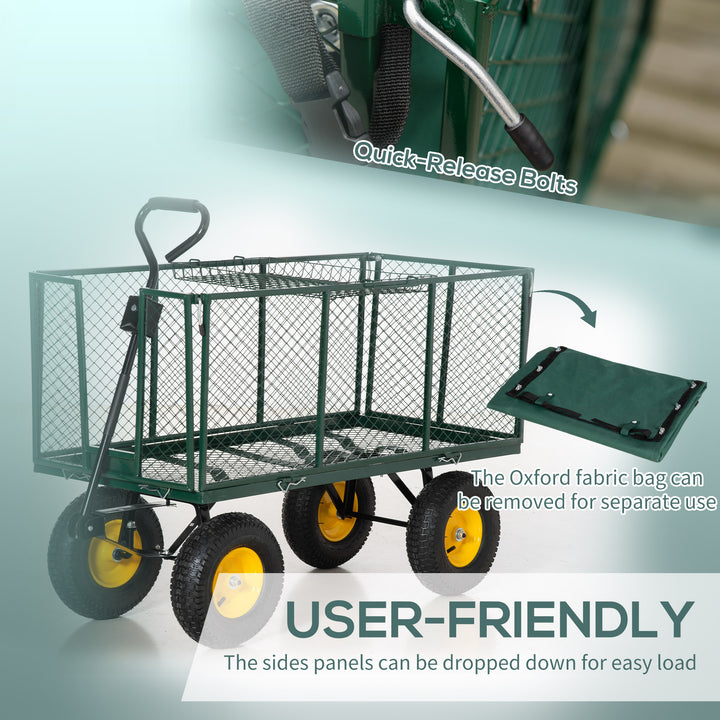 Large 4 Wheel Heavy Duty Garden Cart Truck Trolley Wheelbarrow with Handle and Metal Frame - Green