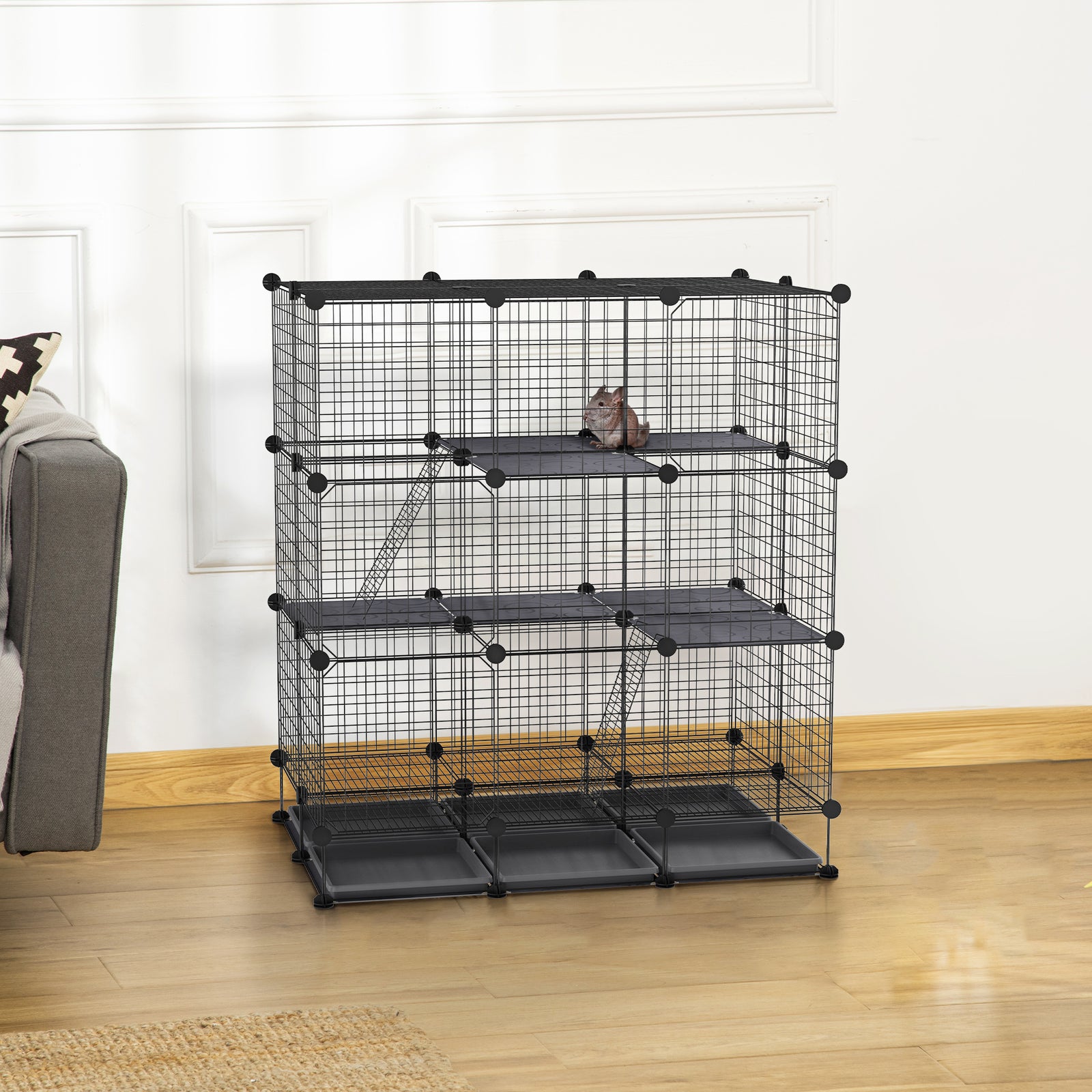 3 Level DIY Pet Playpen Metal Small Animal Cage Rabbit Ferret Chinchillas Cage 4 Doors Bottom Trays Black