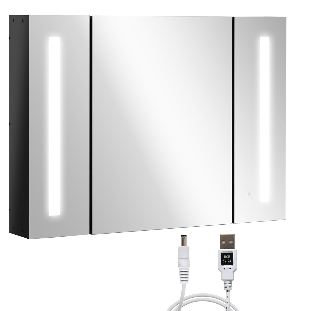 LED Bathroom Cabinet with Mirror, Wall Mounted Dimmable Brightness Storage Organiser with 3 Mirrored Doors and Adjustable Shelves, Memory Function, USB Charge, High Gloss Black