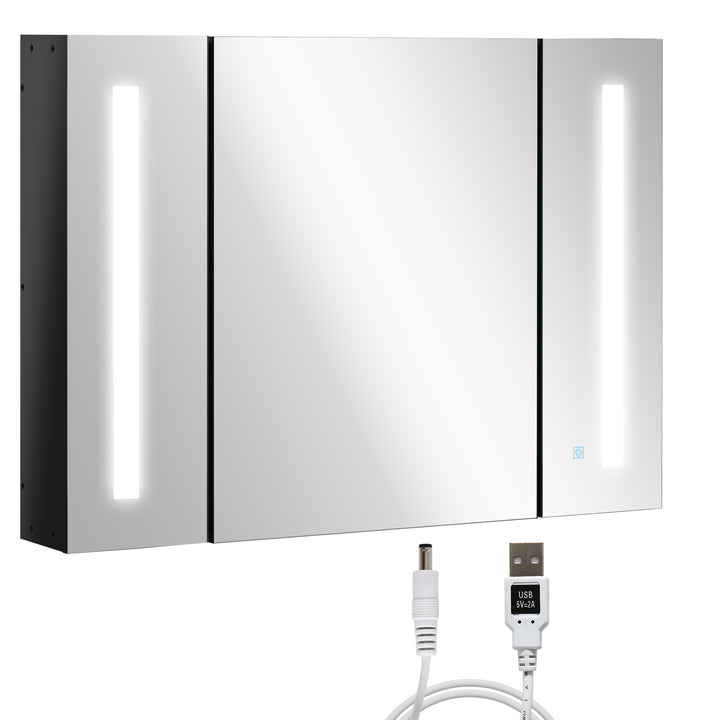 LED Bathroom Cabinet with Mirror, Wall Mounted Dimmable Brightness Storage Organiser with 3 Mirrored Doors and Adjustable Shelves, Memory Function, USB Charge, High Gloss Black
