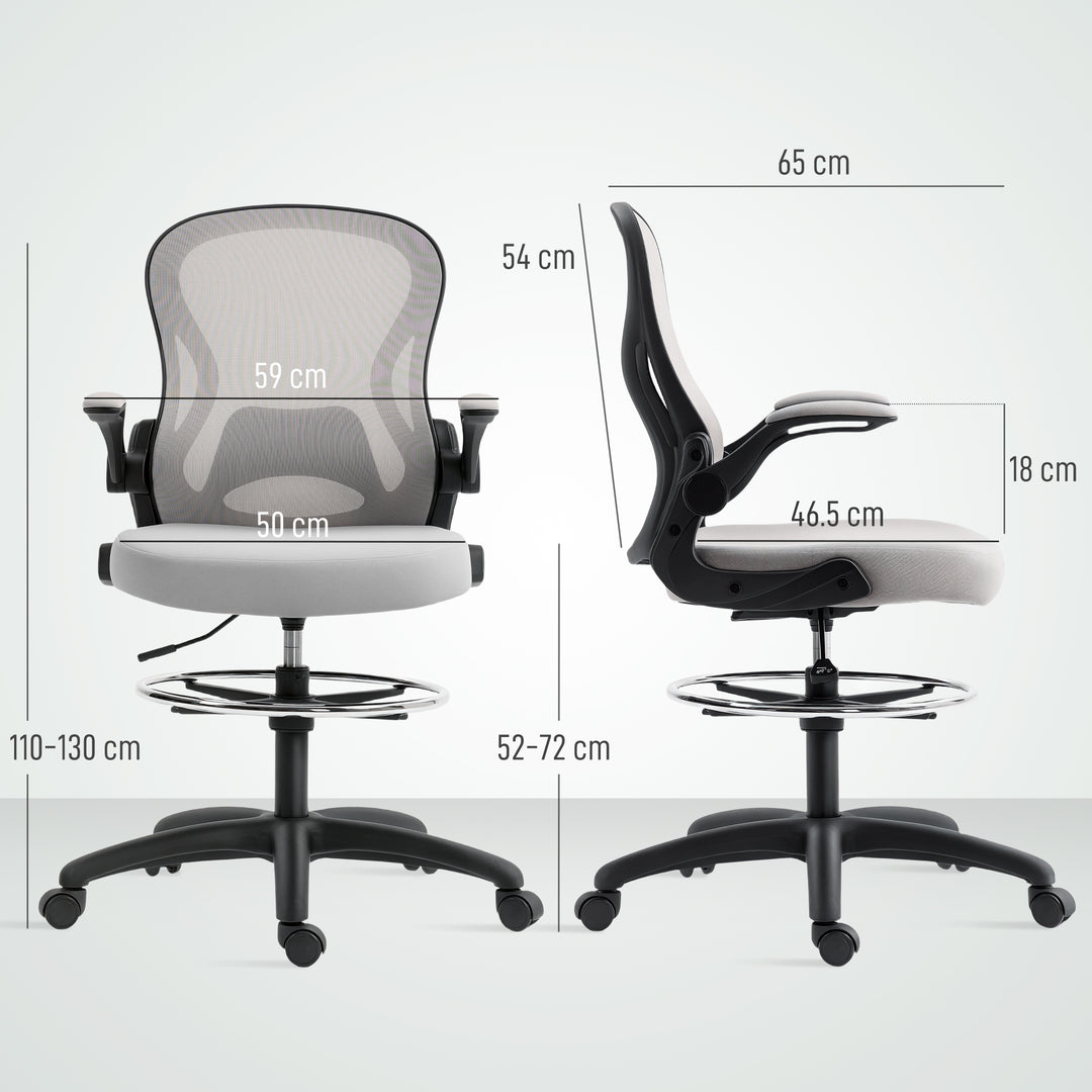 Vinsetto Adjustable Mesh Standing Desk Chair with Flip-up Armrests Lumbar Support Armrests Adjustable Footrest Ring Grey