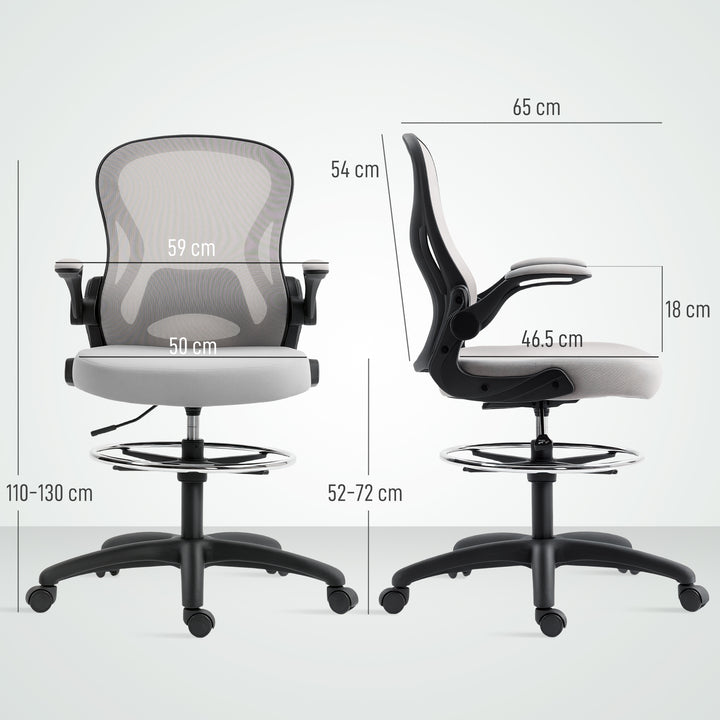 Vinsetto Adjustable Mesh Standing Desk Chair with Flip-up Armrests Lumbar Support Armrests Adjustable Footrest Ring Grey