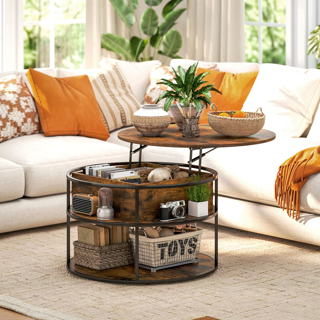 Lift Top Coffee Table, Round Coffee Table with Storage Shelf, Hidden Compartment and Steel Frame for Living Room, Home Office, Brown