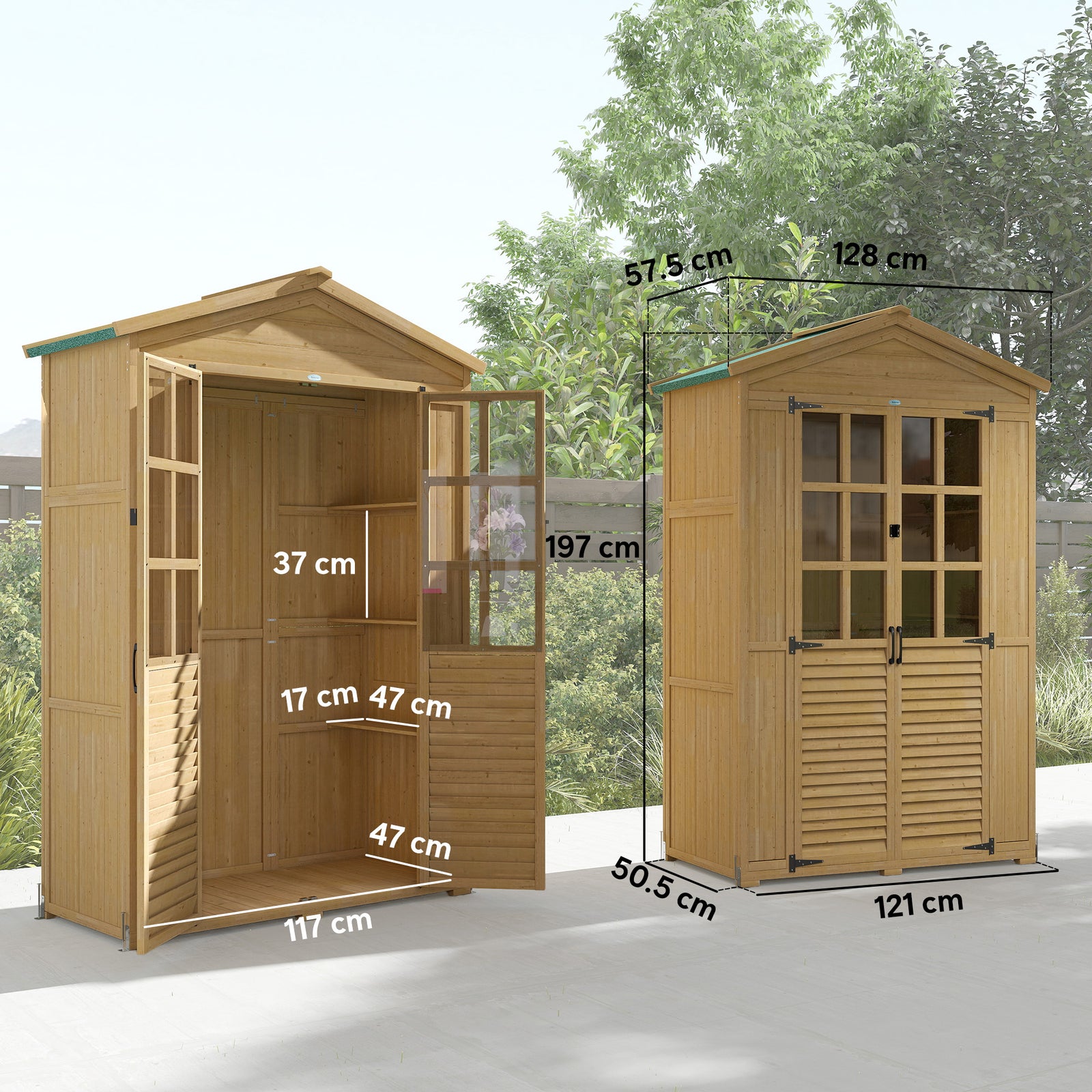 Outdoor Wooden Storage Cabinet, Garden Tool Shed with Acrylic Windows 