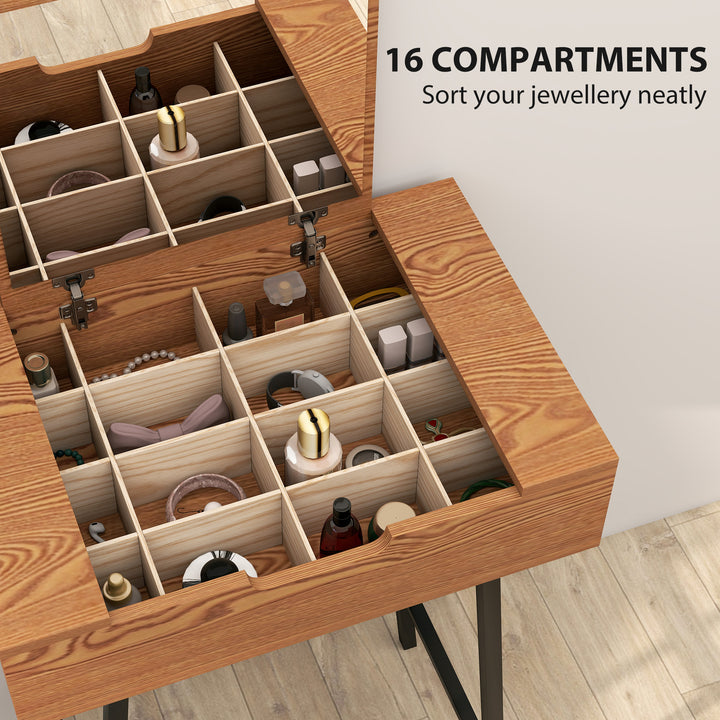 Vanity Desk with Flip-Up Mirror, Industrial Dressing Table with 16 Small Compartments for Bedroom, Natural Wood Effect