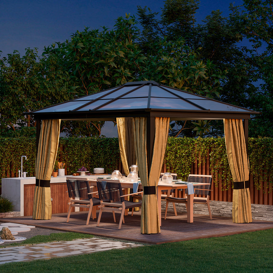 3 x 3.6m Polycarbonate Hardtop Gazebo with LED Solar Light and Aluminium Frame, Garden Pavilion with Mosquito Netting and Curtains