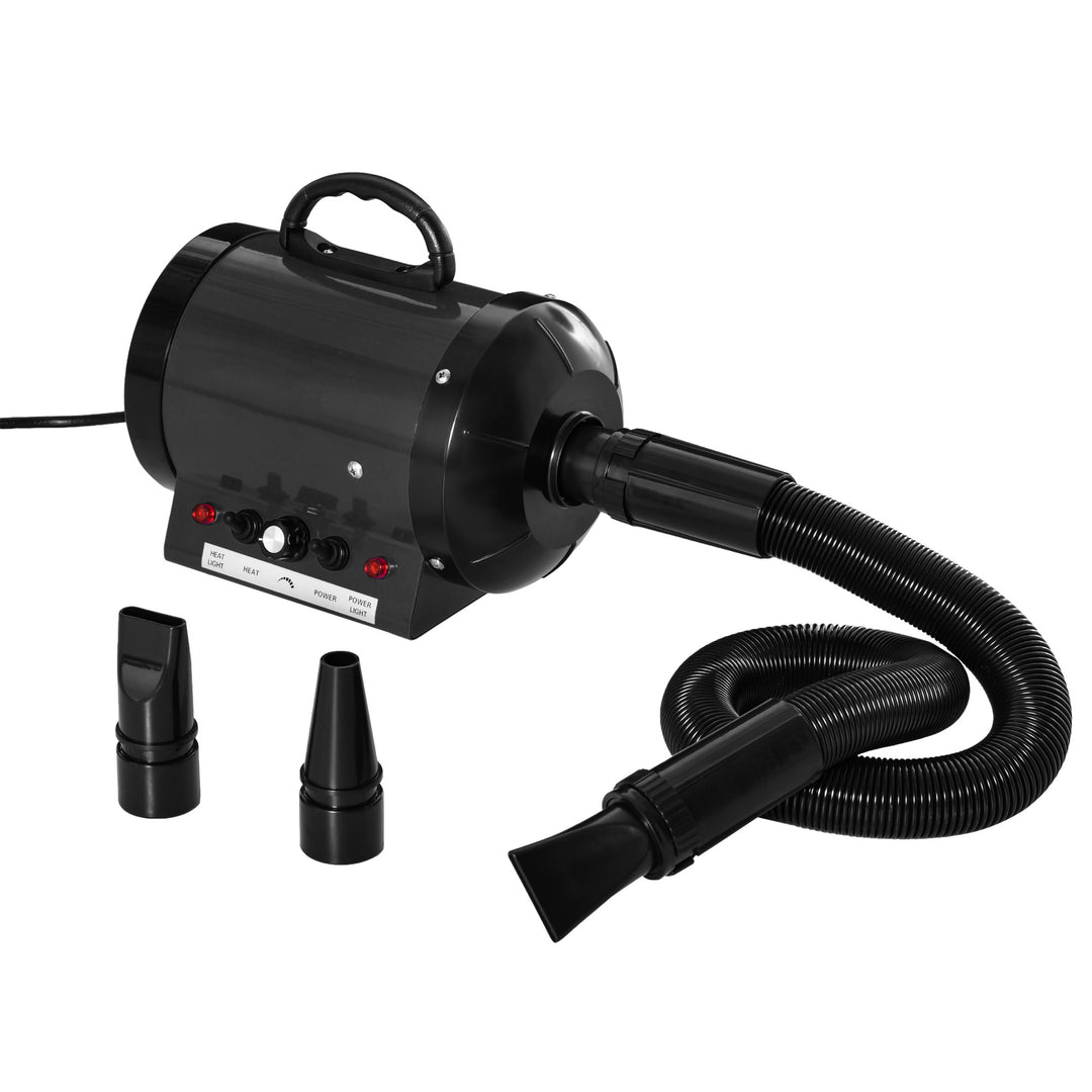 Dog Hair Dryer Pet Grooming Blaster Dryer Blower Adjustable Temperature Speed with 2.1M Flexible Hose 3 Nozzles - Black
