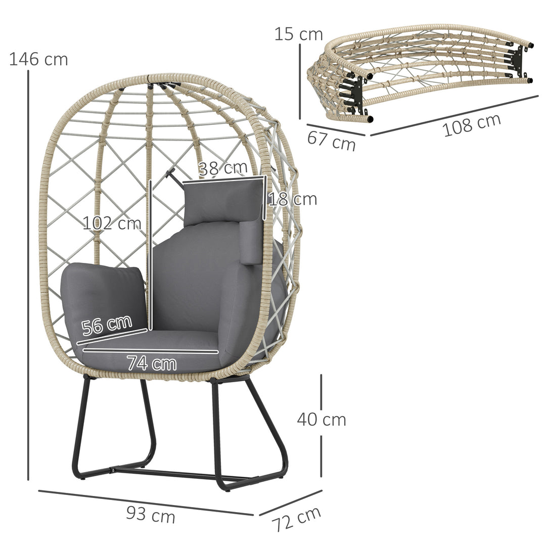 Rattan Egg Chair Outdoor Indoor Wicker Chair with Thickened Cushion and Headrest, Standing Garden Egg Chair with Cup Holder, Metal Frame for Patio, Balcony, Grey