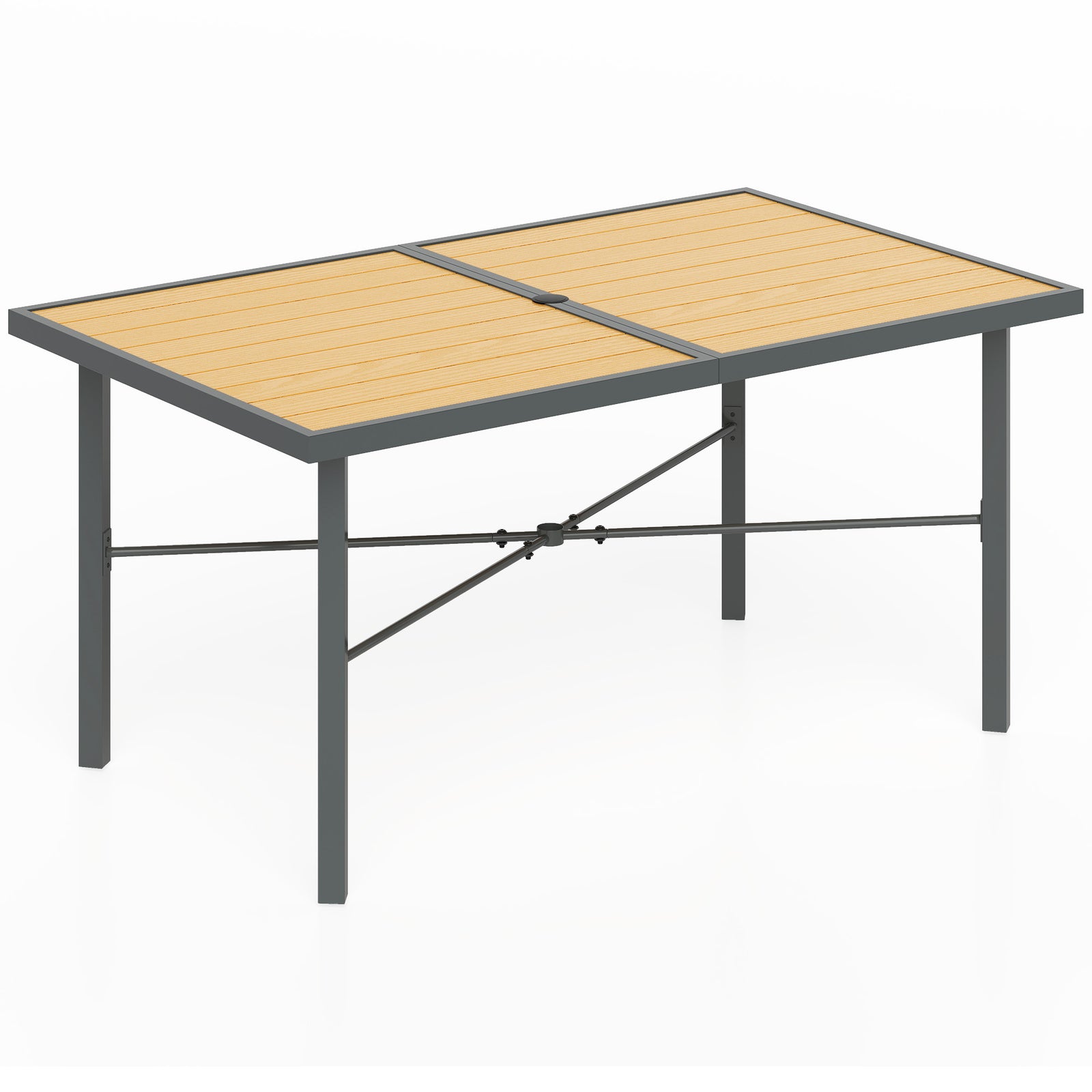 Garden Table for 6, 150 cm Rectangular Outdoor Dining Table with 5 cm Umbrella Hole, Wood Effect Top, Rust Resistant Frame, for Patio, Balcony, Terrace, Natural Wood Finish