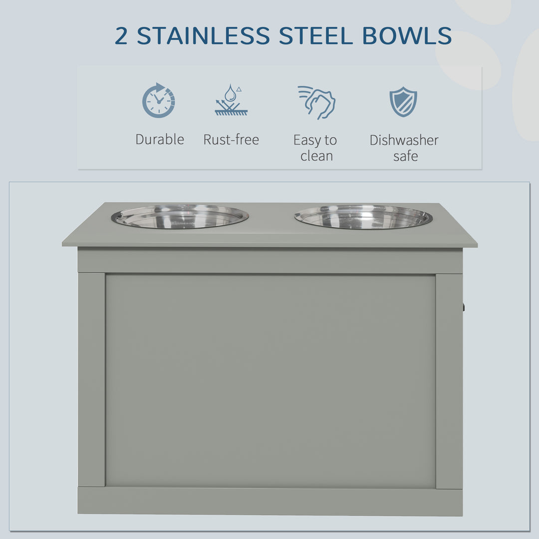 Raised Dog Bowls, with Storage, Two Stainless Steel Bowls, Elevated Base - Grey
