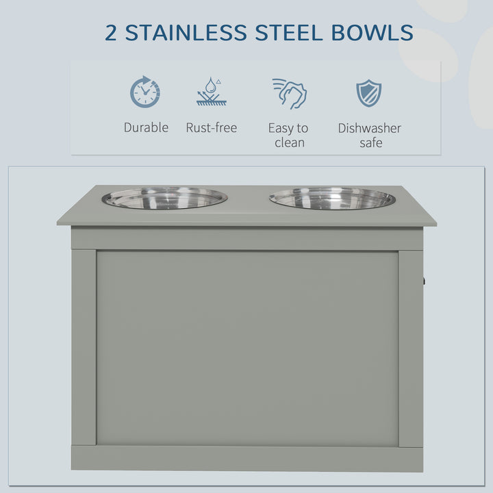 Raised Dog Bowls, with Storage, Two Stainless Steel Bowls, Elevated Base - Grey