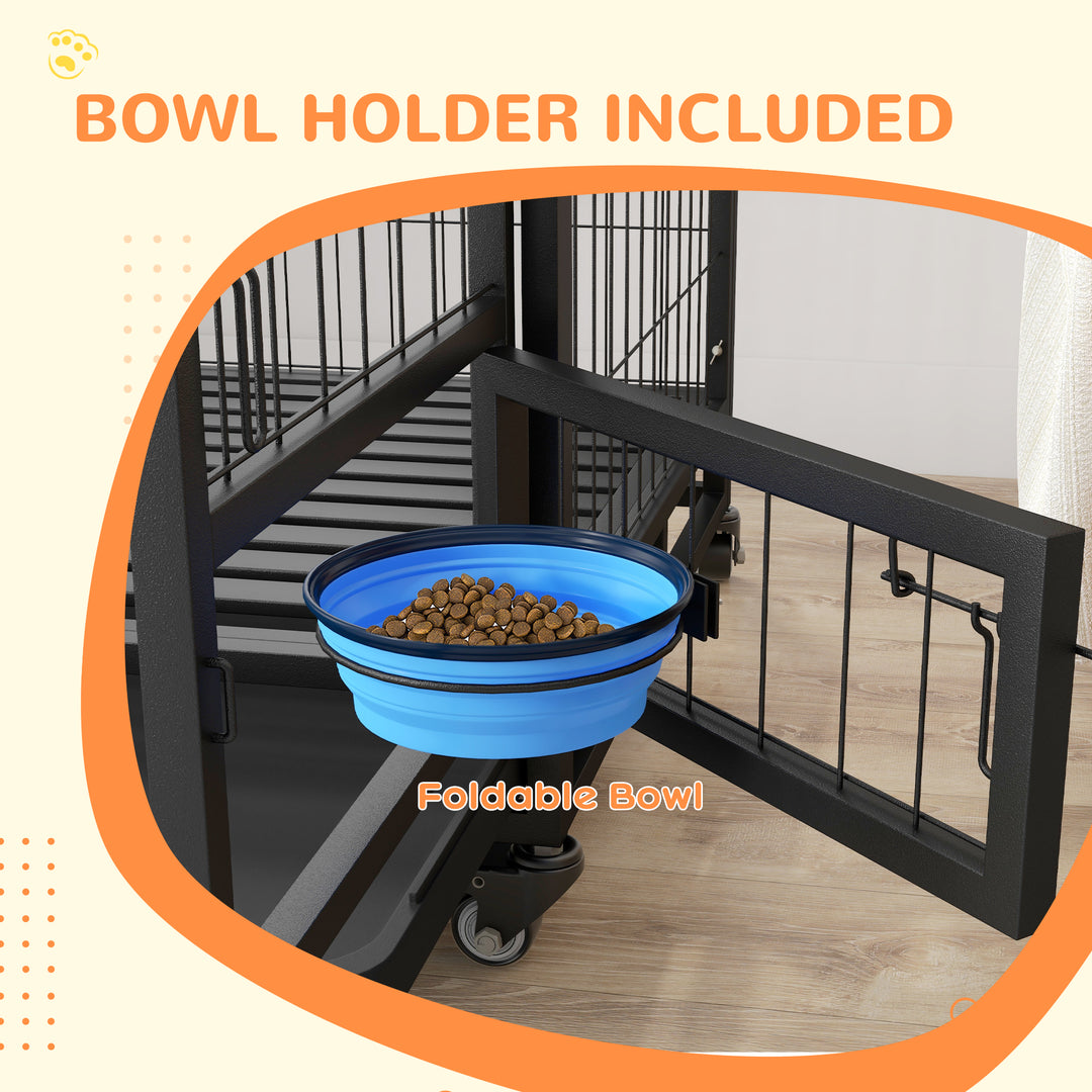 Heavy Duty Dog Crate on Wheels w/ Bowl Holder, Removable Tray, Openable Top, Detachable Door, for L, XL Dogs