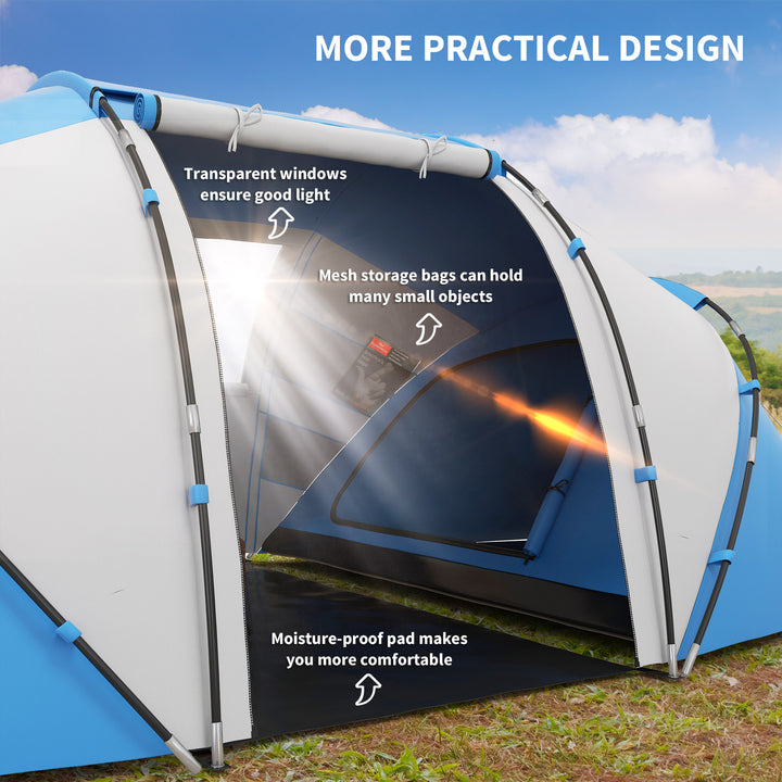 MCL 4-6 Man Camping Tent w/ Two Bedroom, Hiking Sun Shelter, UV Protection Tunnel Tent, Blue and White