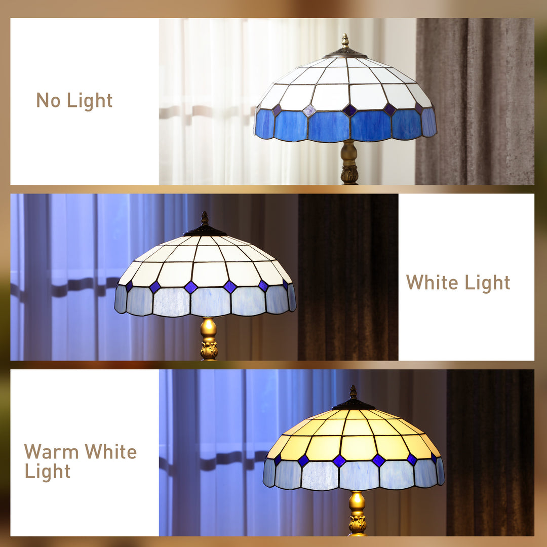 MCL Tiffany-Style Floor Lamp with Handcrafted Stained Glass Shade, 152cm Tall Vintage Standing Lamp with Foot Switch and Dual Sockets for Living Room Bedroom, Bronze Tone and Blue