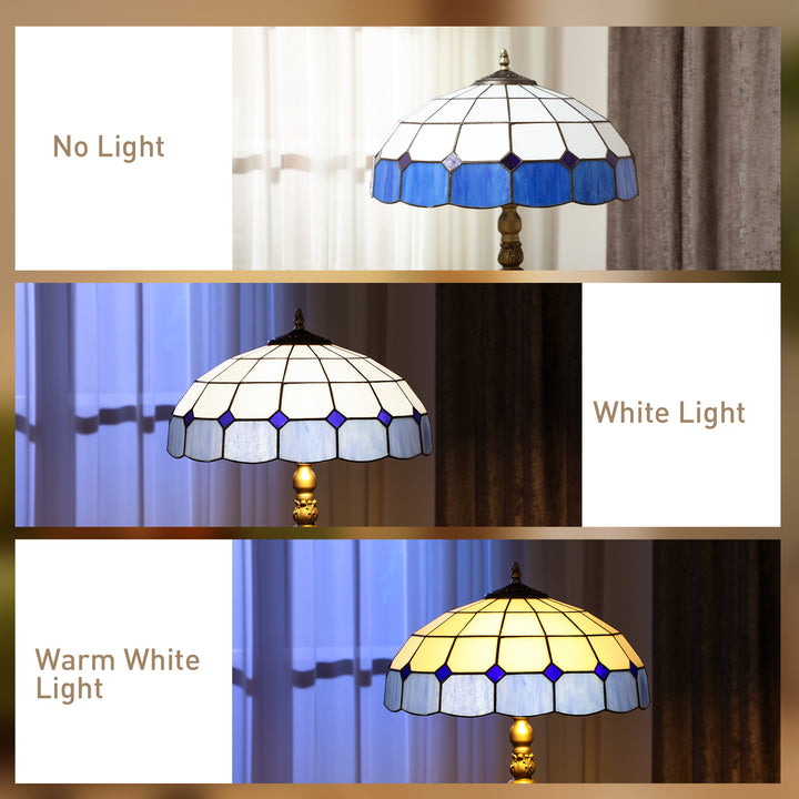 MCL Tiffany-Style Floor Lamp with Handcrafted Stained Glass Shade, 152cm Tall Vintage Standing Lamp with Foot Switch and Dual Sockets for Living Room Bedroom, Bronze Tone and Blue