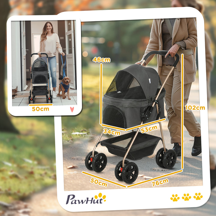 PawH 3-in-1 Pet Stroller, Folding Four-Wheel Dog Pram with Detachable Carrier for Mini Dogs, Cats, Grey