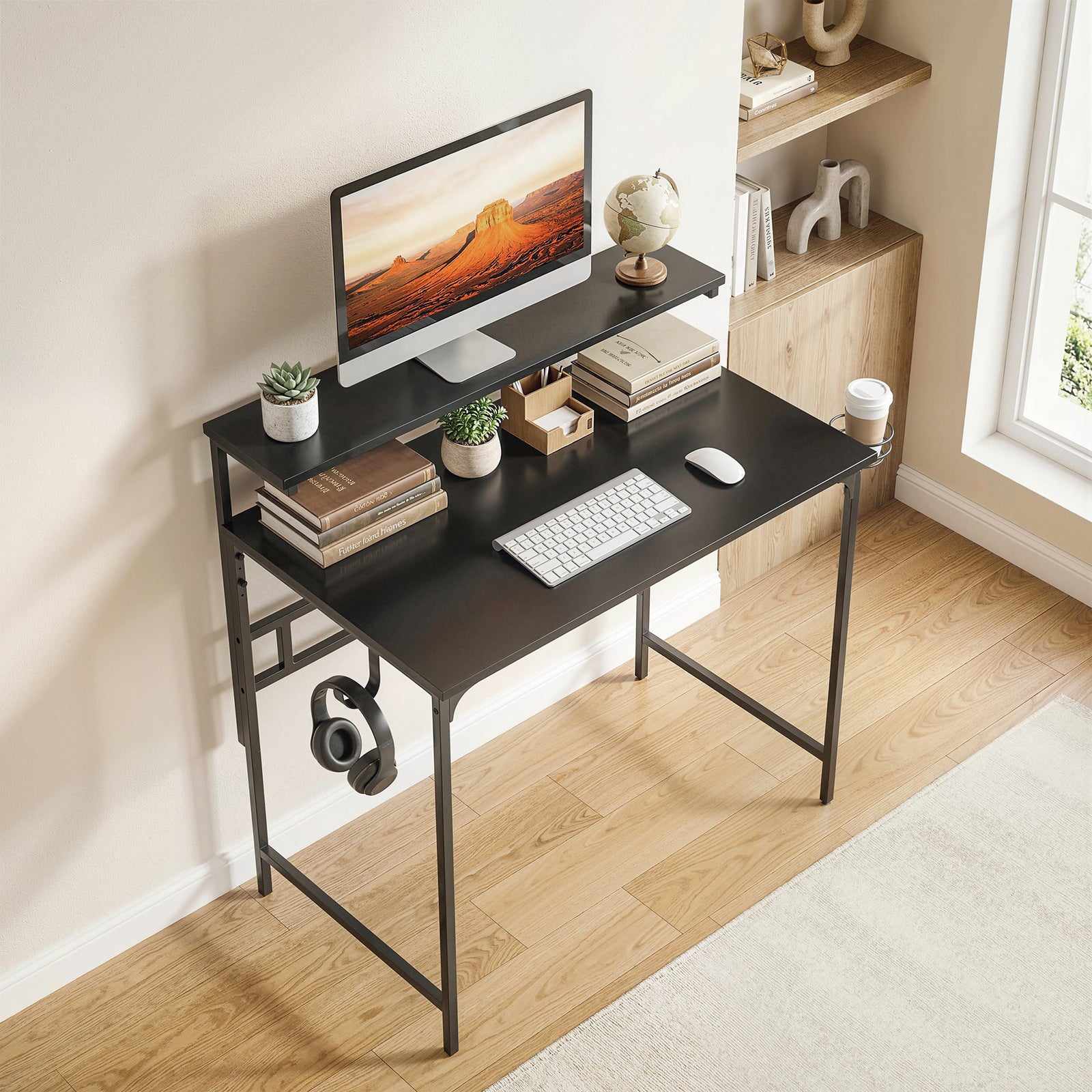 Computer Desk, 80cm Home Office Study Table with Hutch Shelf, Cup Hold