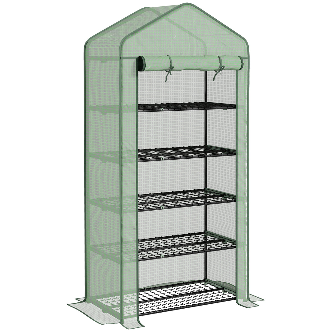 5 Tier Widened Mini Greenhouse with Reinforced PE Cover, Portable Indoor Outdoor Green House with Roll-up Door and Wire Shelves, 193H x 90W x 49Dcm, Green