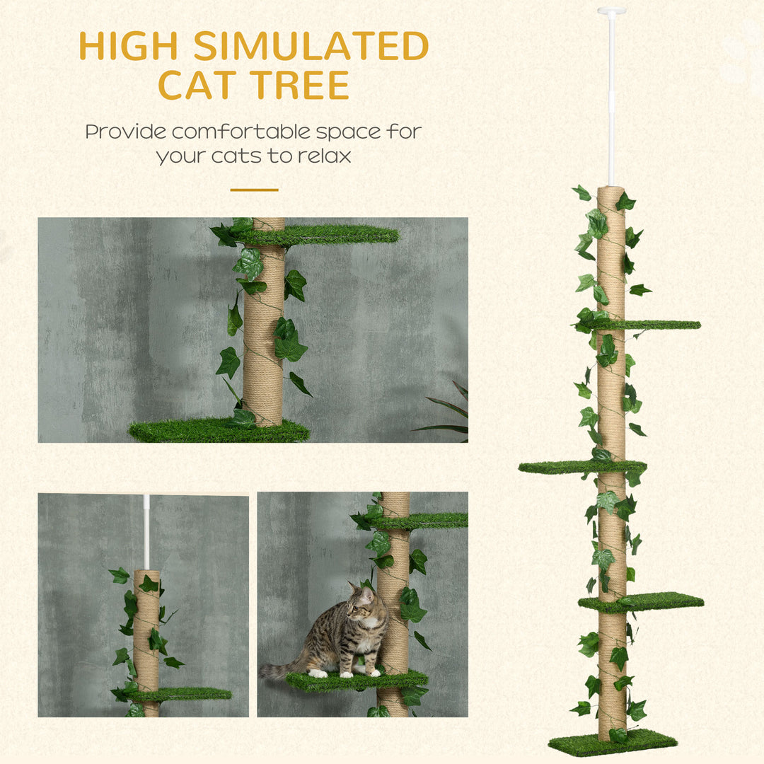 PawHut Floor to Ceiling Cat Tree, 242cm Height Adjustable Kitten Tower, Anti-slip Kit, Highly Simulated Multi-Layer Activity Centre, Green | Aosom UK