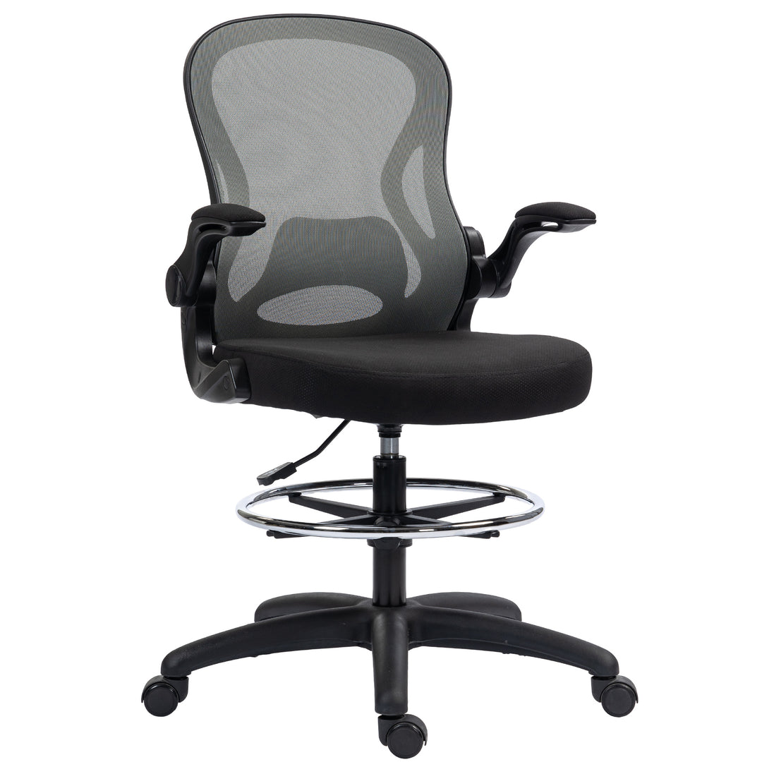 Adjustable Mesh Standing Desk Chair with Flip-up Armrests Lumbar Support Armrests Adjustable Footrest Ring, Dark Grey