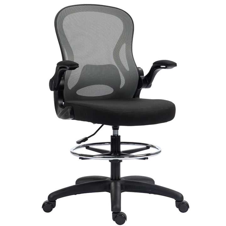 Adjustable Mesh Standing Desk Chair with Flip-up Armrests Lumbar Support Armrests Adjustable Footrest Ring, Dark Grey