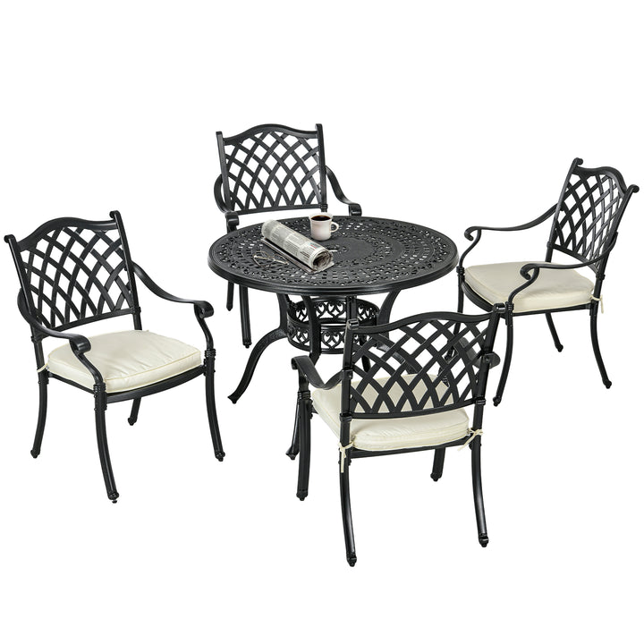 Outsunny Cast Aluminium 4 Seater Outdoor Dining Set with Cushions Parasol Hole Black | Aosom UK