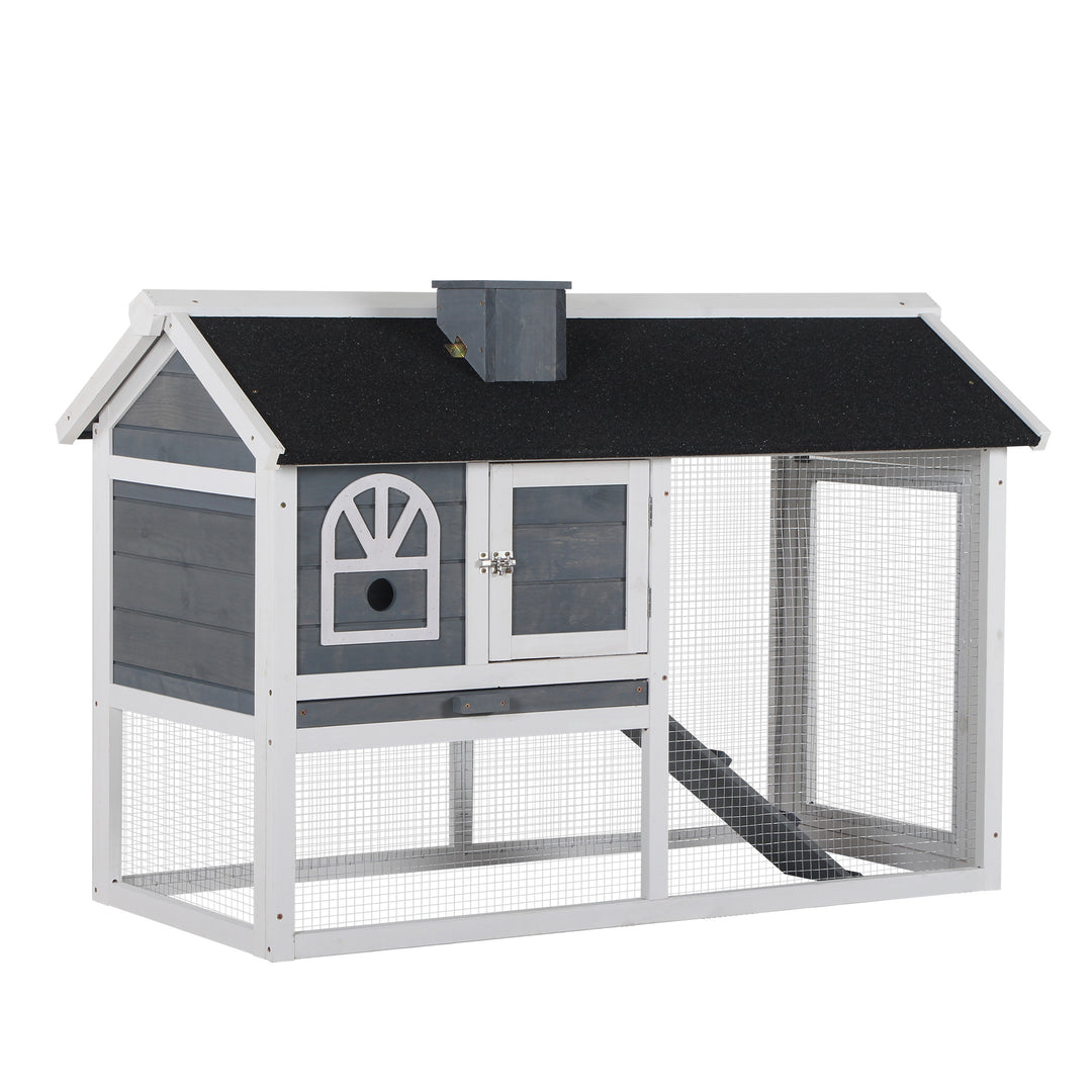 MCL Wooden Rabbit Hutch and Run with Sliding Tray, Ramp, Water-resistant Roof, for 2-4 Rabbits, Grey
