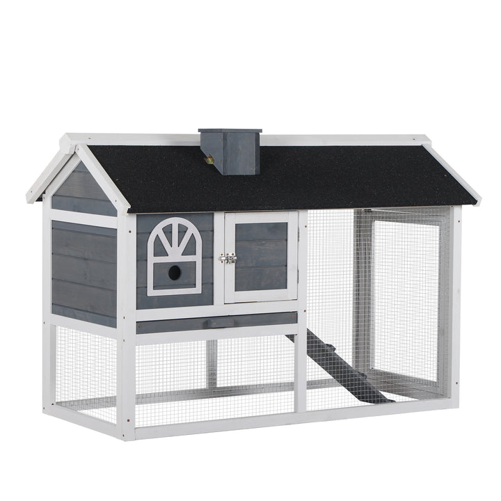 MCL Wooden Rabbit Hutch and Run with Sliding Tray, Ramp, Water-resistant Roof, for 2-4 Rabbits, Grey