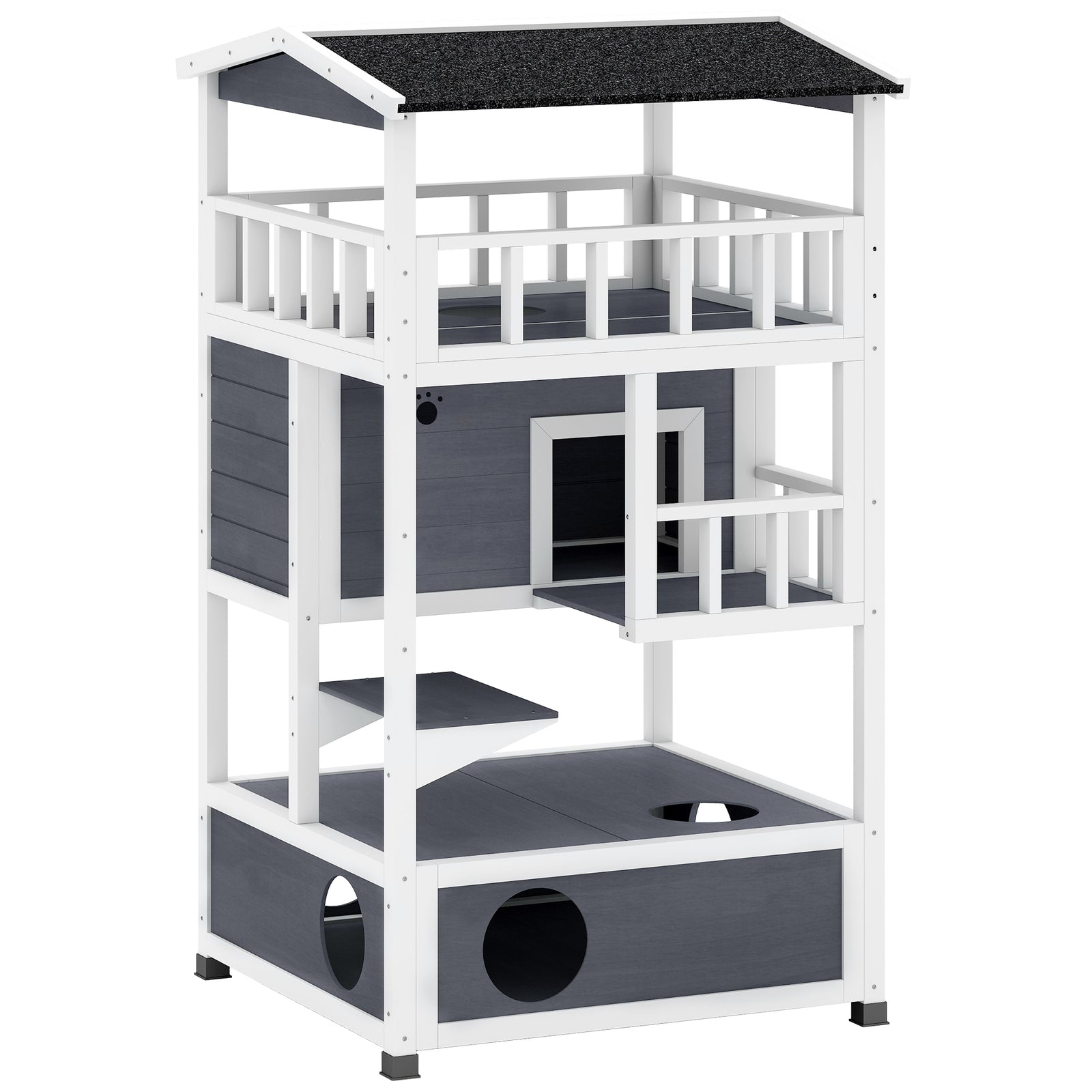 Wooden Outdoor Cat House, 3-Tier Cat Shelter with Tilted Roof, Terrace, Jump Step, Bottom Tray and Elevated Base, Waterproof Paint, Grey