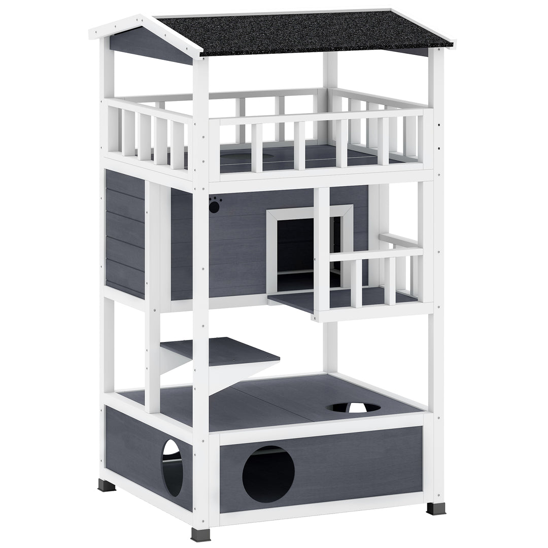 MCL Wooden Outdoor Cat House, 3-Tier Cat Shelter with Tilted Roof, Terrace, Jump Step, Bottom Tray and Elevated Base, Waterproof Paint, Grey