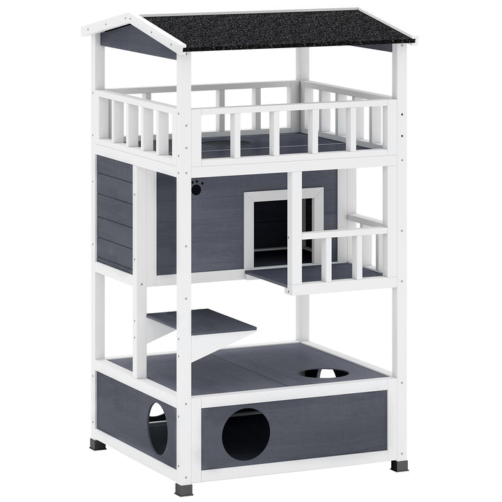 MCL Wooden Outdoor Cat House, 3-Tier Cat Shelter with Tilted Roof, Terrace, Jump Step, Bottom Tray and Elevated Base, Waterproof Paint, Grey