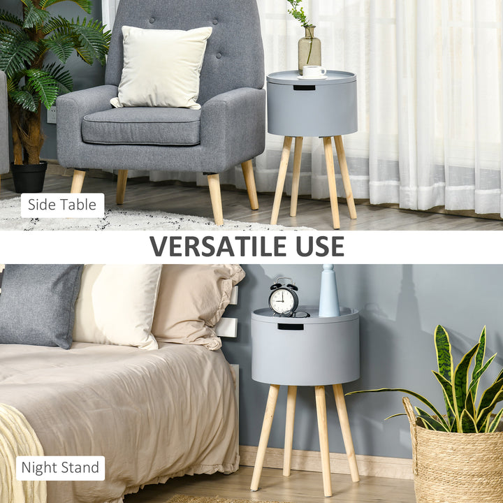 MCL Modern Side Table with Hidden Storage Space, Round Night Stand with Removable Tray Wood Frame End Coffee Table for Living Room, Grey